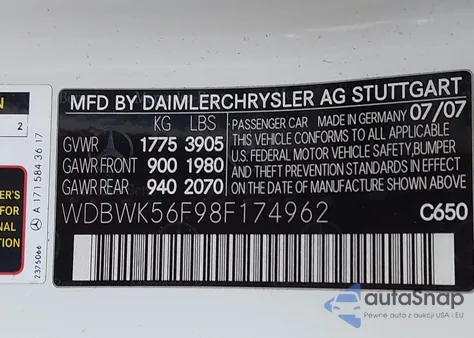 2008 Mercedes-Benz Slk 350 z USA, uszkodzony, nr VIN WDBWK56F98F174962